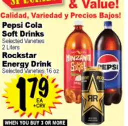 Superior Grocers Pepsi Cola Soft Drinks Selected Varieties 2 Liters Rockstar Energy Drink Selected Varieties, 16 oz offer