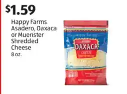 Aldi Happy Farms Asadero, Oaxaca or Muenster Shredded Cheese offer