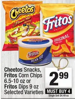 Super King Markets Cheetos Snacks, Fritos Corn Chips 6.5-10 oz or Fritos Dips 9 oz offer