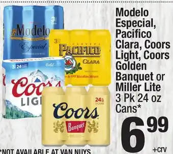 Super King Markets Modelo Especial, Pacifico Clara, Coors Light, Coors Golden Banquet or Miller Lite 3 Pk 24 oz Cans offer
