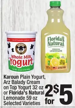 Super King Markets Karoun Plain Yogurt, Arz Balady Cream on Top Yogurt 32 oz or Florida's Natural Lemonade 59 oz offer
