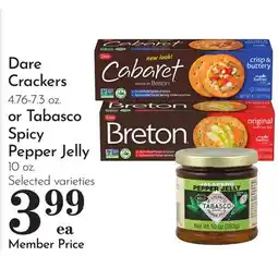 Pavilions Dare Crackers 4.76-7.3 oz. or Tabasco Spicy Pepper Jelly 10 oz offer