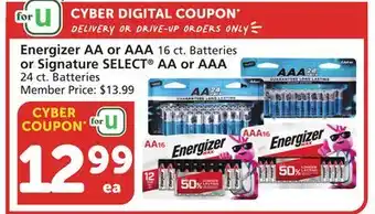 Vons Energizer AA or AAA 16 ct. Batteries or Signature SELECT AA or AAA 24 ct. Batteries offer