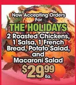 Torres Supermercado 2 Roasted Chickens, 1 Salsa, 1 French Bread, Potato Salad, and Macaroni Salad offer