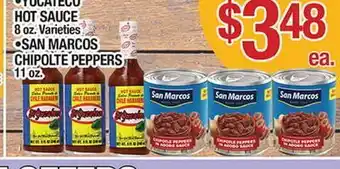 Torres Supermercado YUCATECO HOT SAUCE 8 oz. Varieties SAN MARCOS CHIPOLTE PEPPERS 11 oz offer