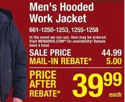 Menards Men's Hooded Work Jacket offer