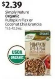 Aldi Simply Nature Organic Pumpkin Flax or Coconut Chia Granola offer
