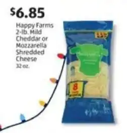 Aldi Happy Farms 2-lb. Mild Cheddar or Mozzarella Shredded Cheese offer
