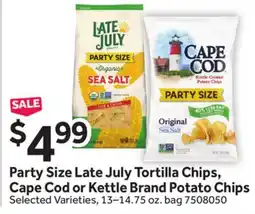 Stop&Shop Party Size Late July Tortilla Chips, Cape Cod or Kettle Brand Potato Chips offer