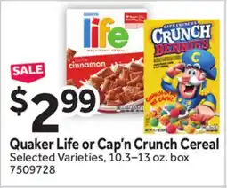 Stop&Shop Quaker Life or Cap'n Crunch Cereal offer