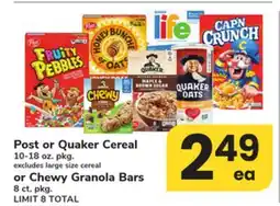 ACME Post or Quaker Cereal 10-18 oz. pkg. or Chewy Granola Bars 8 ct. pkg offer