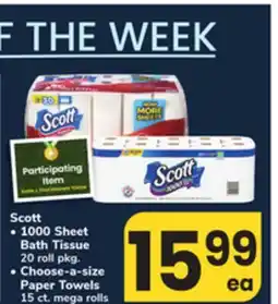 ACME Scott 1000 Sheet Bath Tissue 20 roll pkg., Choose-a-size Paper Towels 15 ct. mega rolls offer