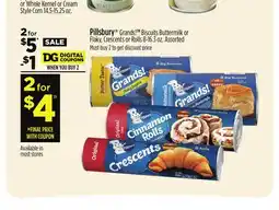 Dollar General Pillsbury Grands! Biscuits Buttermilk or Flaky, Crescents or Rolls offer