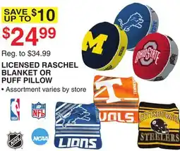 Dunham's Sports LICENSED RASCHEL BLANKET OR PUFF PILLOW offer