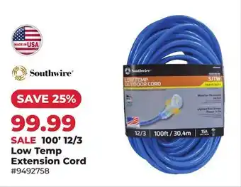 Runnings Southwire 100' 12/3 Low Temp Extension Cord offer