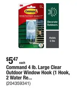 The Home Depot Command 4 lb. Large Clear Outdoor Window Hook (1 Hook, 2 Water Resistant Strips) offer