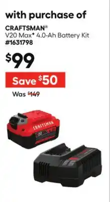Lowe's CRAFTSMAN V20 Max* 4.0-Ah Battery Kit offer