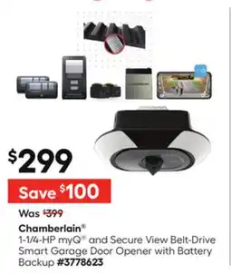 Lowe's 1-1/4-HP myQ and Secure View Belt-Drive Smart Garage Door Opener with Battery Backup offer