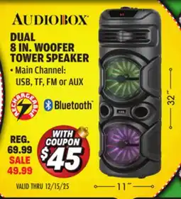 Big 5 Audiobox Dual 8 Woofer Rechargeable Tower Speaker with Wheels offer