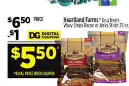 Dollar General Heartland Farms Dog Treats Wavy Strips Bacon or Jerky Sticks offer