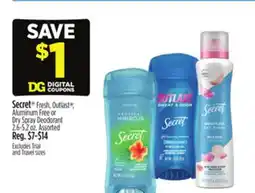 Dollar General Secret Fresh, Outlast , Aluminum Free or Dry Spray Deodorant offer