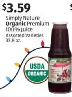 Aldi Simply Nature Organic Premium 100% Juice Assorted Varieties offer