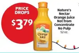 Aldi Nature's nectar orange juice not from concentrate no pulp offer