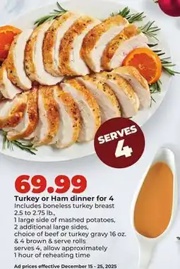Hy-Vee Turkey or Ham dinner for 4 offer