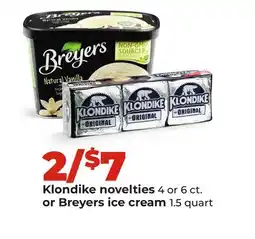 Hy-Vee Klondike novelties 4 or 6 ct. or Breyers ice cream 1.5 quart offer