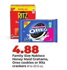 Hy-Vee Family Size Nabisco Honey Maid Grahams, Oreo cookies or Ritz crackers offer
