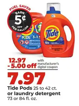 Hy-Vee Tide Pods 25 to 42 ct. or laundry detergent 73 or 84 fl. oz offer
