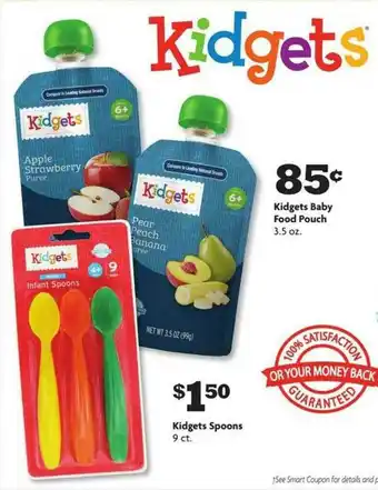 Family Dollar Kidgets Baby Food Pouch, Kidgets Spoons offer