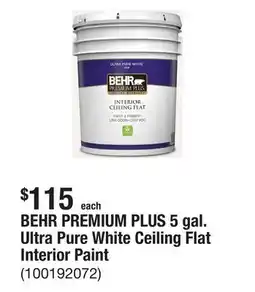 The Home Depot BEHR PREMIUM PLUS 5 gal. Ultra Pure White Ceiling Flat Interior Paint offer