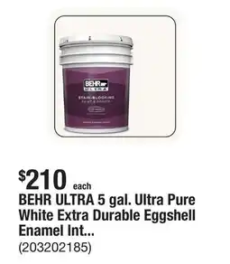 The Home Depot BEHR ULTRA 5 gal. Ultra Pure White Extra Durable Eggshell Enamel Interior Paint & Primer offer