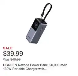 Costco UGREEN Nexode Power Bank, 20,000 mAh 130W Portable Charger with Built-in Cable offer