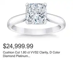 Costco Cushion Cut 1.80 ct VVS2 Clarity, D Color Diamond Platinum Solitaire Ring offer
