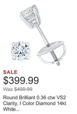 Costco Round Brilliant 0.36 ctw VS2 Clarity, I Color Diamond 14kt White Gold Stud Earrings offer