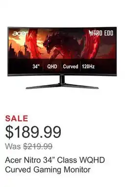 Costco Acer Nitro 34 Class WQHD Curved Gaming Monitor offer