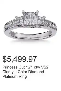 Costco Princess Cut 1.71 ctw VS2 Clarity, I Color Diamond Platinum Ring offer