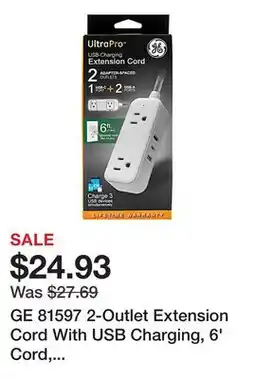 Office Depot GE 81597 2-Outlet Extension Cord With USB Charging, 6' Cord, White/Gray offer
