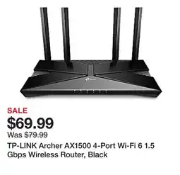 Office Depot TP-LINK Archer AX1500 4-Port Wi-Fi 6 1.5 Gbps Wireless Router, Black offer
