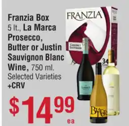 Smart & Final Franzia Box, La Marca Prosecco, Butter or Justin Sauvignon Blanc Wine offer