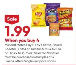 Stater Bros Lay's, Lay's Kettle, Baked, Cheetos, Fritos or Tostitos 5 to 14.425 oz. or Dips 9 to 15.75 oz offer
