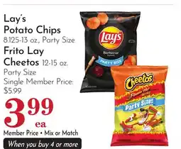 Pavilions Lay's Potato Chips 8.125-13 oz., Party Size Frito Lay Cheetos 12-15 oz. Party Size offer