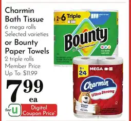 Pavilions Charmin Bath Tissue 6 mega rolls or Bounty Paper Towels 2 triple rolls offer