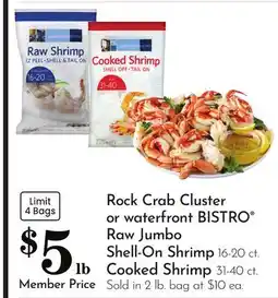 Pavilions Rock Crab Cluster or waterfront BISTRO Raw Jumbo Shell-On Shrimp offer
