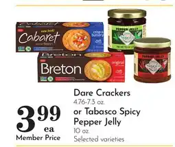 Pavilions Dare Crackers 4.76-7.3 oz. or Tabasco Spicy Pepper Jelly 10 oz offer