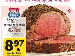 Albertsons Ribeye Roast Bone-in or New York Roast Boneless offer