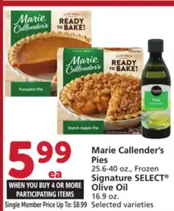 Albertsons Marie Callender's Pies 25.6-40 oz., Frozen Signature SELECT Olive Oil 16.9 oz offer