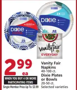 Albertsons Vanity Fair Napkins 40-100 ct. Dixie Plates or Bowls 20-50 ct offer